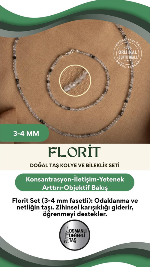 Sertifikalı Doğal Florit 3-4 Mm Fasetli Kesim Kolye Ve Bileklik Seti