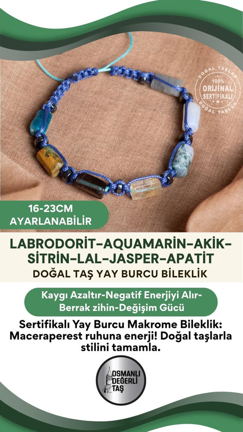 Sertifikalı Yay Burcu Doğal Taş Makrome Ayarlanabilir Bileklik