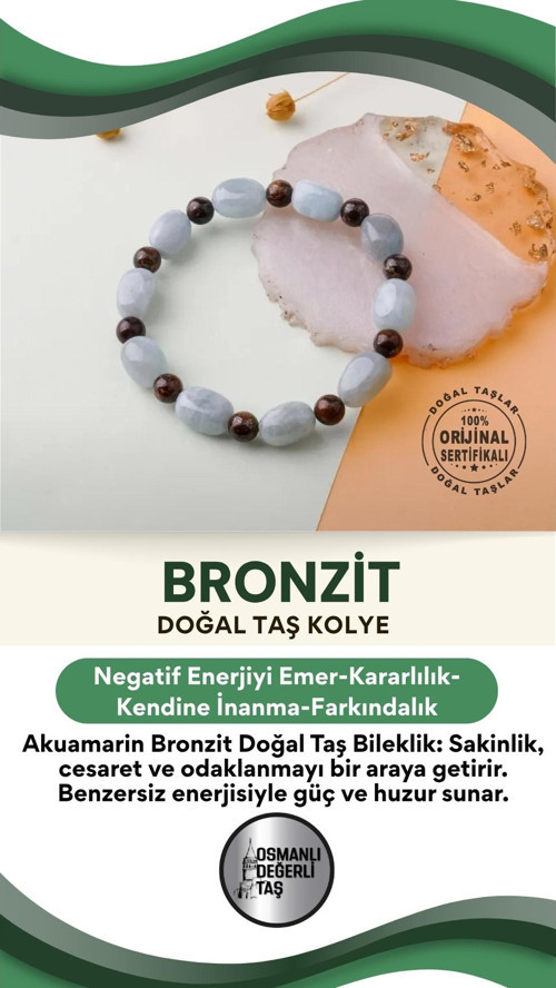 Sertifikalı Özel Tasarım Akuamarin Bronzit Doğal Taş Bileklik