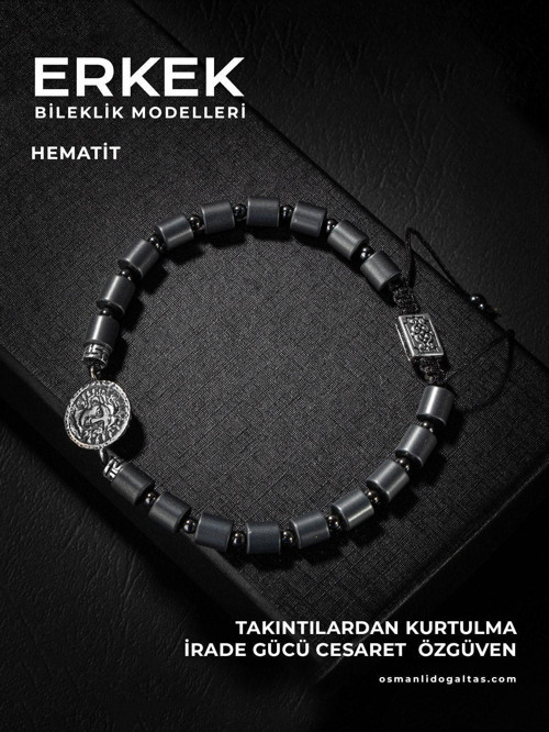 Sertifikalı Mat Hematit Doğal Taşlı Örgü 925 Ayar Gümüş Tasarım Bileklik (Apollon Sembollü)