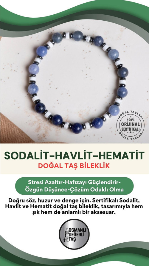 Sertifikalı Sodalit-Havlit-Hematit Doğal Taş Bileklik