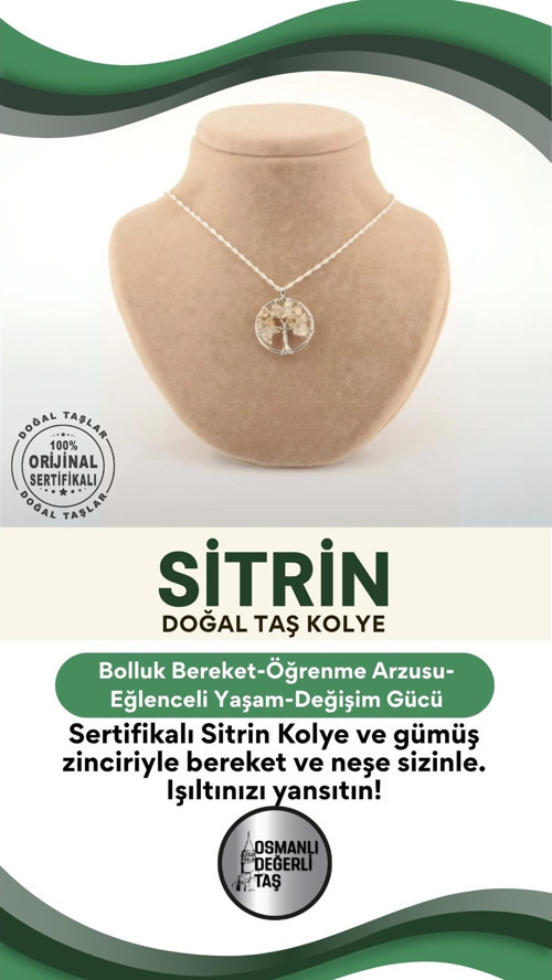 Sertifikalı Sitrin Doğal Taş Kolye-Gümüş Zincir Dahil