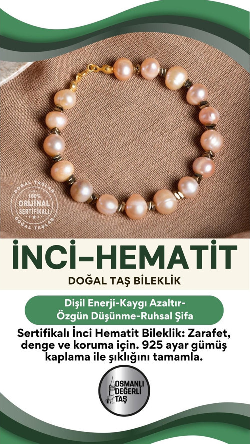 Sertifikalı İnci Hematit Doğal Taş Bileklik (925 Ayar Gümüş Kaplama)