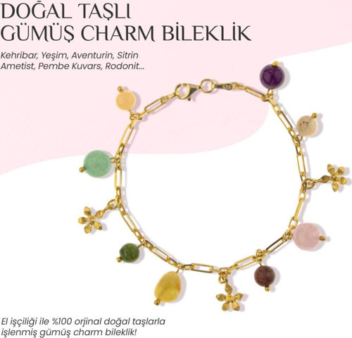 Doğal Taşlı Gümüş Charm Bileklik Kehribar, Pembe Kuvars, Aventurin, Rodonit, Sitrin, Yeşim