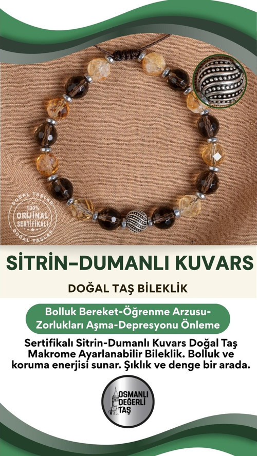 Sertifikalı Sitrin - Dumanlı Kuvars Doğal Taş Makrome Ayarlanabilir Bileklik
