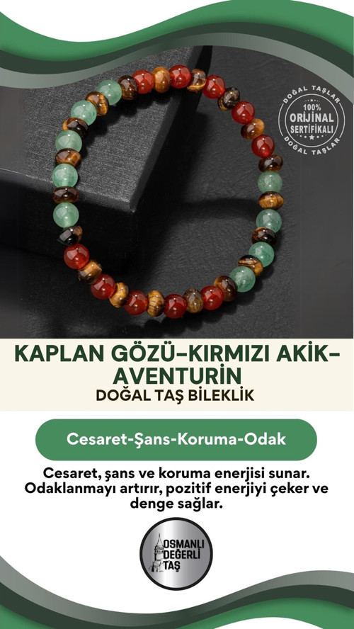 Kaplan Gözü Kırmızı Akik Aventurin Doğal Taşlı Bileklik