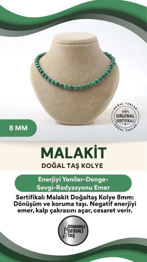 Sertifikalı Malakit Doğaltaş Kolye 8 Mm, M534