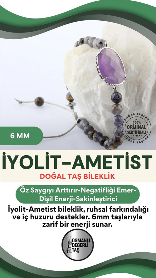 Sertifikalı Iyolit - Ametist Taşı Doğal Taş Bileklik 6Mm