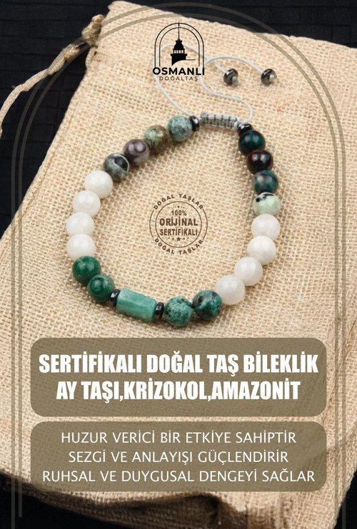 Sertifikalı Doğal Taş Bileklik - Ay Taşı,Krizokol,Amazonit