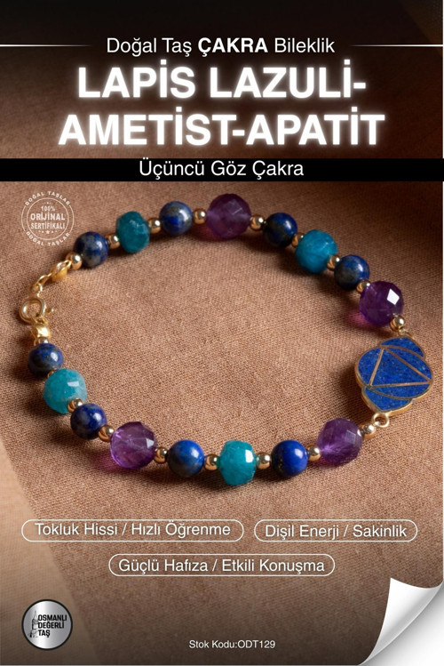 Sertifikalı Lapis Lazuli-Ametist-Apatit Doğal Taş Altın Kaplama Üçüncü Göz Çakra Bileklik Odt129