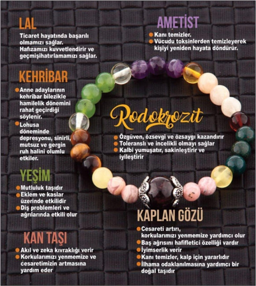 Sertifikalı Doğal Taş Bileklik - Lal Taşı,Ametist,Kehribar,Rodokrozit,Yeşim,Kan Taşı,Kaplan Gözü