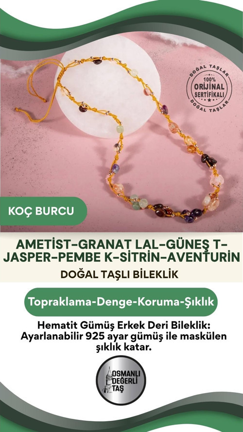 Koç Burcu Doğal Taş Natürel Makrome Kolye-Ametist-Granat Lal-Güneş T-Jasper-Pembe K-Sitrin-Aventurin