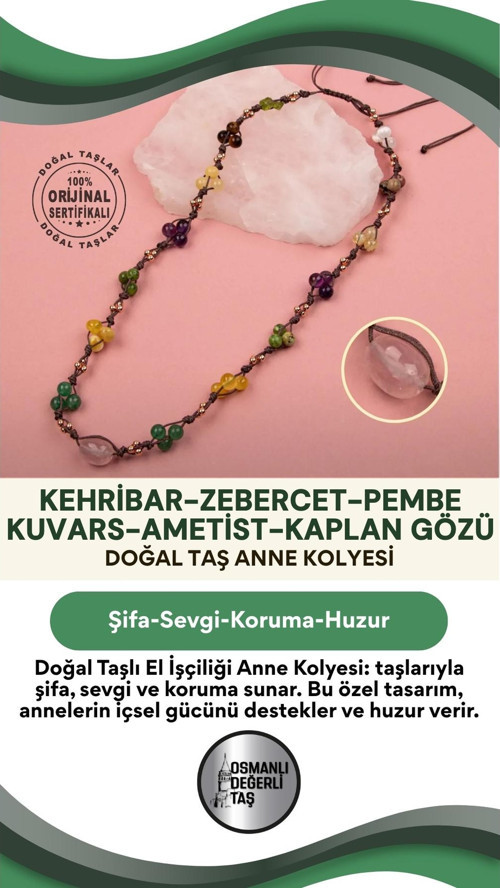 Doğal Taşlı El Işçiliği Anne Kolyesi Kehribar, Zebercet, Pembe Kuvars, Ametist, Kaplan Gözü