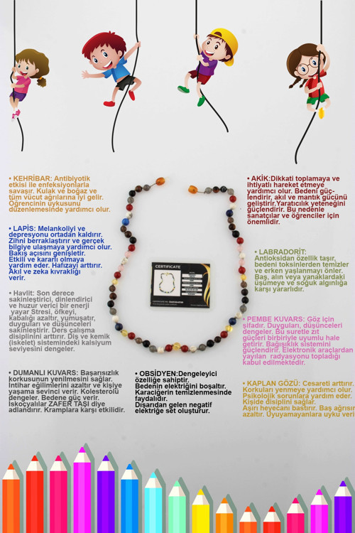 Öğrenci Kolyesi Kehribar-Akik-Lapis-Labradorit-Havlit-Pembe Kuvars-Dumanlı Kuvars-Kaplan Gözü