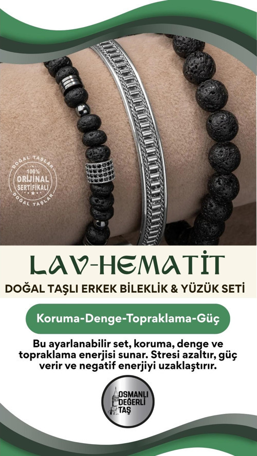 Sertifikalı 925 Ayar Gümüş Lav Hematit Doğal Taşlı Erkek Bileklik & Yüzük Seti Ayarlanabilir Ölçü