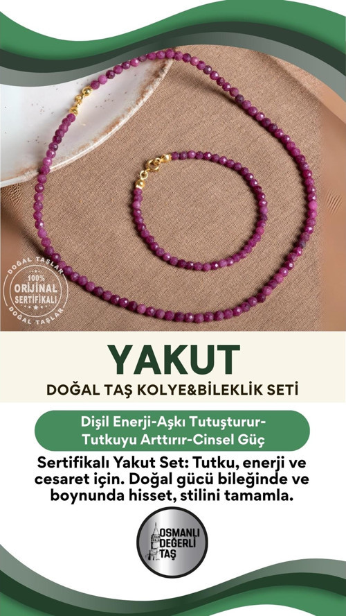 Sertifikalı Yakut Doğal Taş Bileklik (18Cm) Ve Kolye (45Cm )Seti