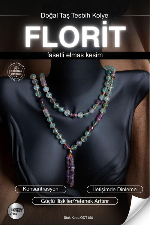 Sertifikalı Florit Doğal Taş Fasetli Elmas Kesim Tesbih Kolye Odt150