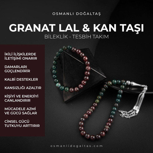 Sertifikalı Kan Taşı, Bordo Granat Lal Doğal Taşlı 33'Lük Tesbih Ve Bileklik Takım