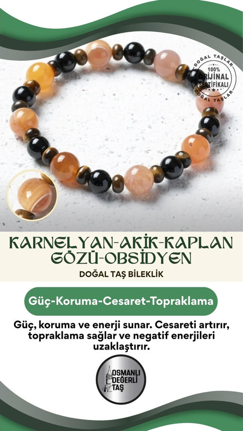 Sertifikalı Doğal Karnelyan Akik, Kaplan Gözü Ve Obsidyen Bileklik – Güç, Koruma Ve Enerji