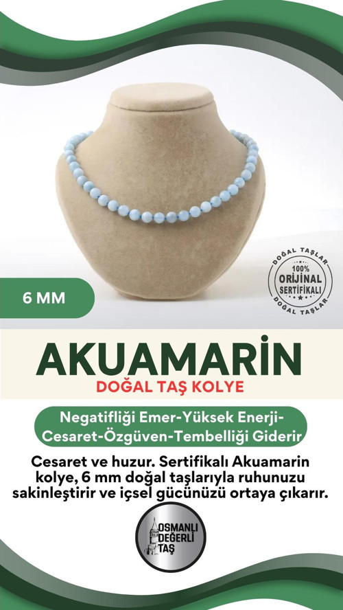 Sertifikalı Akuamarin Doğaltaş Kolye 6 Mm, M556
