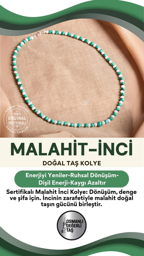 Sertifikalı Malahite İnci Doğal Taş Kolye