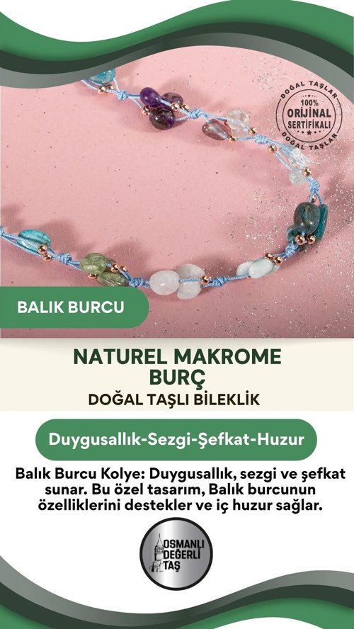 Balık Burcu Doğal Taş Natürel Makrome Kolye
