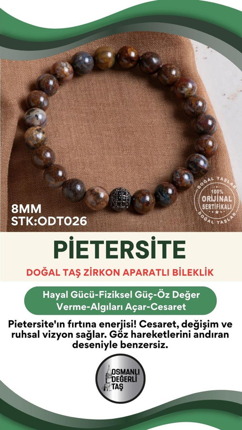 Sertifikalı Pietersite Doğal Taş Zirkon Aparatlı Bileklik Odt026