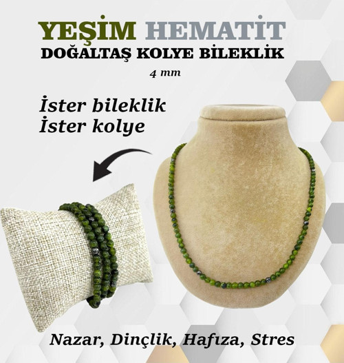 Sertifikalı Yeşim Hematit Doğaltaş Kolye Bileklik 4 Mm, M424
