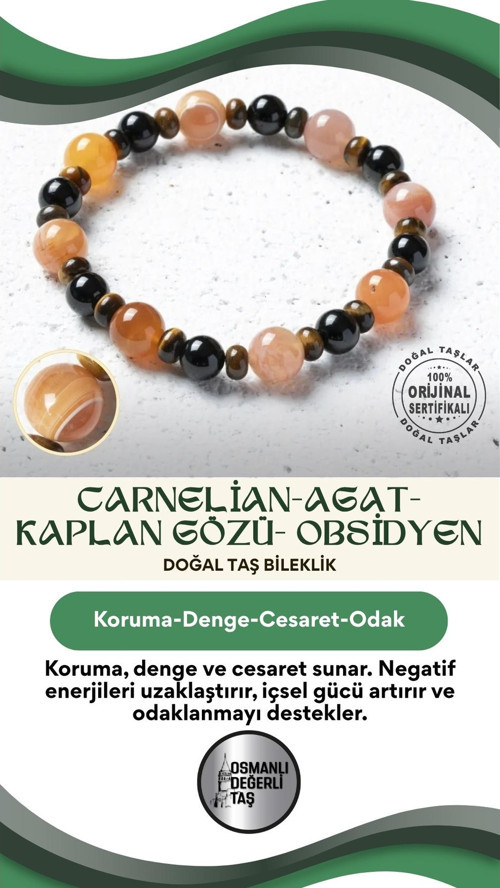Sertifikalı Doğal Carnelian, Agat, Kaplan Gözü Ve Obsidyen Bileklik – Güç, Koruma Ve Enerji