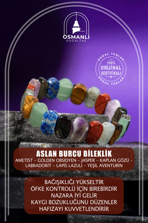 Aslan Burcu Doğal Taş Geniş Kesim Bileklik