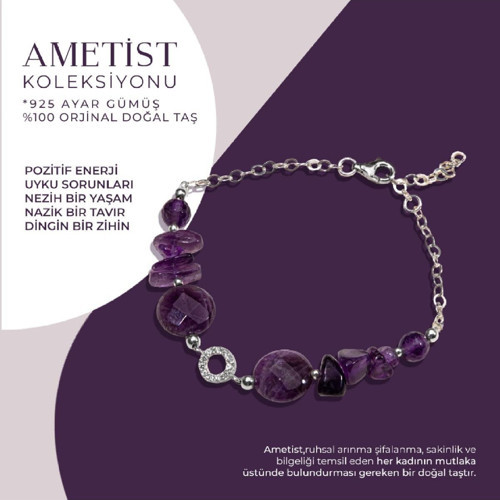 Sertifikalı Ametist Doğal Taşlı Tasarım Gümüş Bileklik