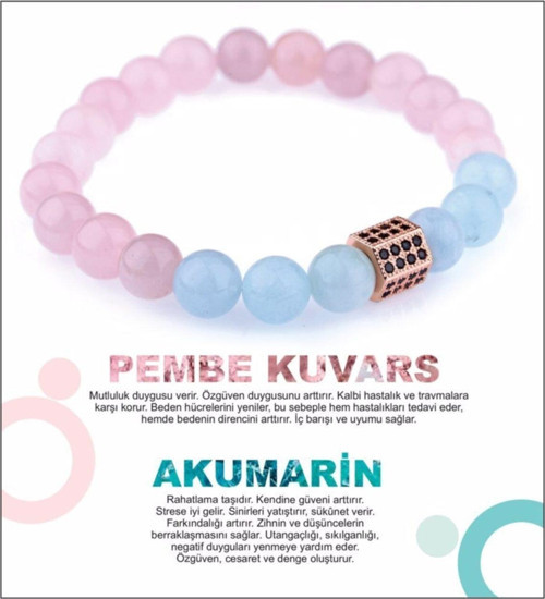 Sertifikalı Doğal Taş Bileklik - Pembe Kuvars-Akuamarin