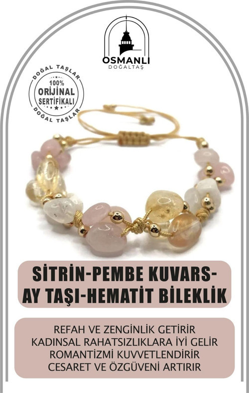 Sertifikalı Hakiki Sitrin-Pembe Kuvars-Ay Taşı-Hematit Doğal Taş Ipli Merdiven Kapama Bileklik