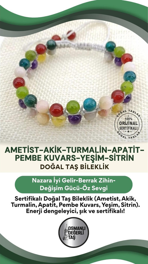 Sertifikalı Doğal Taş Bileklik-Ametist,Akik,Turmalin,Apatit,Pembe Kuvars,Yeşim,Sitrin B606