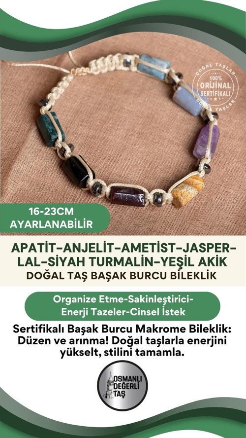 Sertifikalı Başak Burcu Doğal Taş Makrome Ayarlanabilir Bileklik