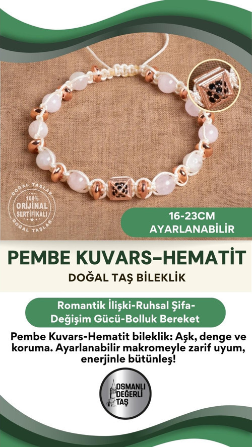 Sertifikalı Pembe Kuvars - Hematit Doğal Taş Makrome Ayarlanabilir Bileklik