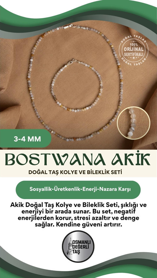 Sertifikalı Bostwana Akik Doğal Taş Kolye Ve Bileklik Seti
