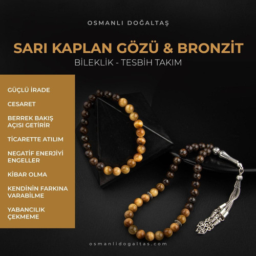 Sertifikalı Sarı Kaplan Gözü, Bronzit Doğal Taşlı 33'Lük Tesbih Ve Bileklik Takım