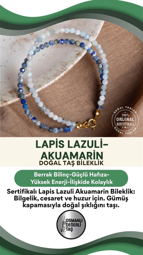 Sertifikalı Lapis Lazuli Akuamarin Doğal Taş Gümüş Kapama Bileklik