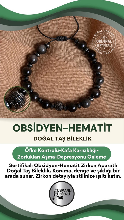 Sertifikalı Obsidyen - Hematit Zirkon Aparatlı Doğal Taş Bileklik