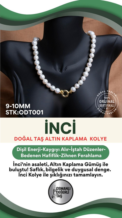 Sertifikalı Doğal Taş İnci Altın Kaplama 925 Ayar Gümüş Aparatlı Kolye Odt001
