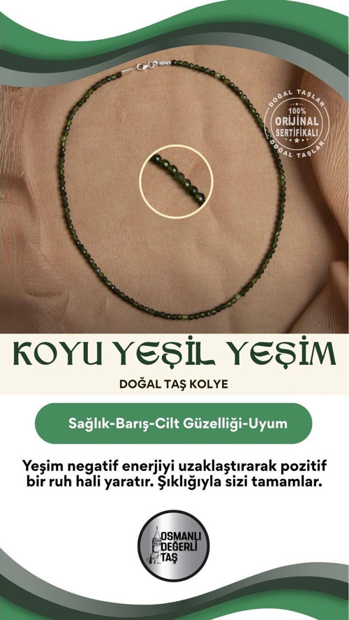 Sertifikalı Yeşim Doğal Taş Koyu Yeşil Kolye