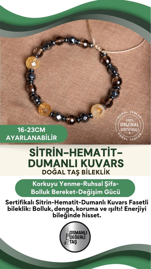 Sertifikalı Sitrin Hematit Dumanlı Kuvars Fasetli Doğal Taş Makrome Bileklik