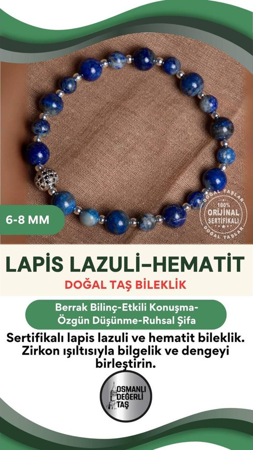 Sertifikalı Lapis Lazuli-Hematit Doğal Taş Zirkon Aparat Bileklik 6-8 Mm