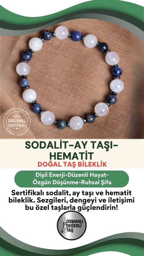 Sertifikalı Sodalit-Ay Taşı-Hematit Doğal Taş Bileklik