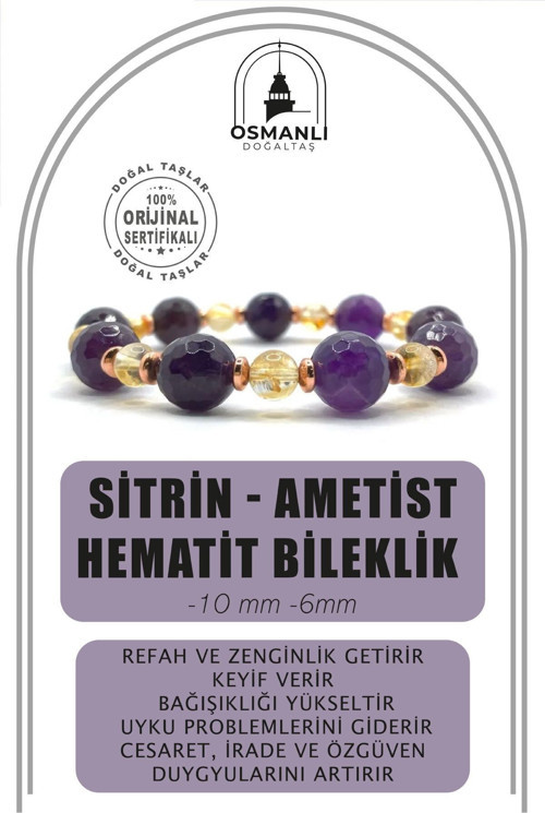 Sertifikalı Orijinal Hakiki 10Mm Fasetli Ametist - 6 Mm Sitrin - Hematit Misinalı Bileklik