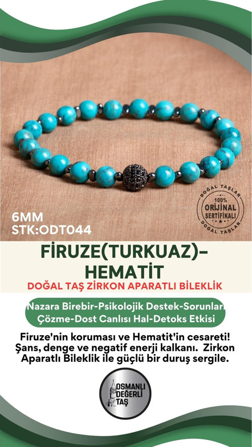 Sertifikalı Firuze(Turkuaz)-Hematit Doğal Taş Zirkon Aparatlı Bileklik Odt044