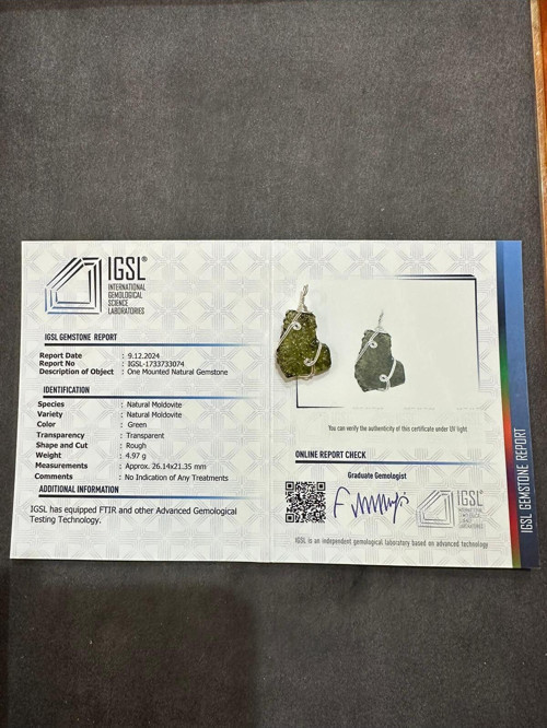 Uluslar Arası Sertifikalı Moldavit Gümüş Sarmallı Kolye Ucu