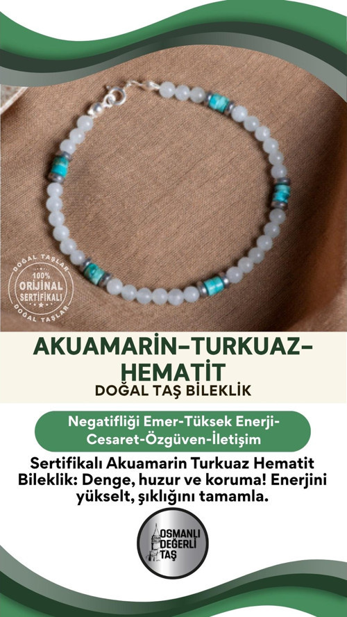 Sertifikalı Akuamarin Turkuaz Hematit Doğal Taş Bileklik