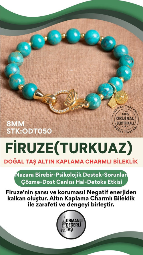 Sertifikalı Firuze(Turkuaz) Doğal Taş Altın Kaplama Charmlı Bileklik Odt050